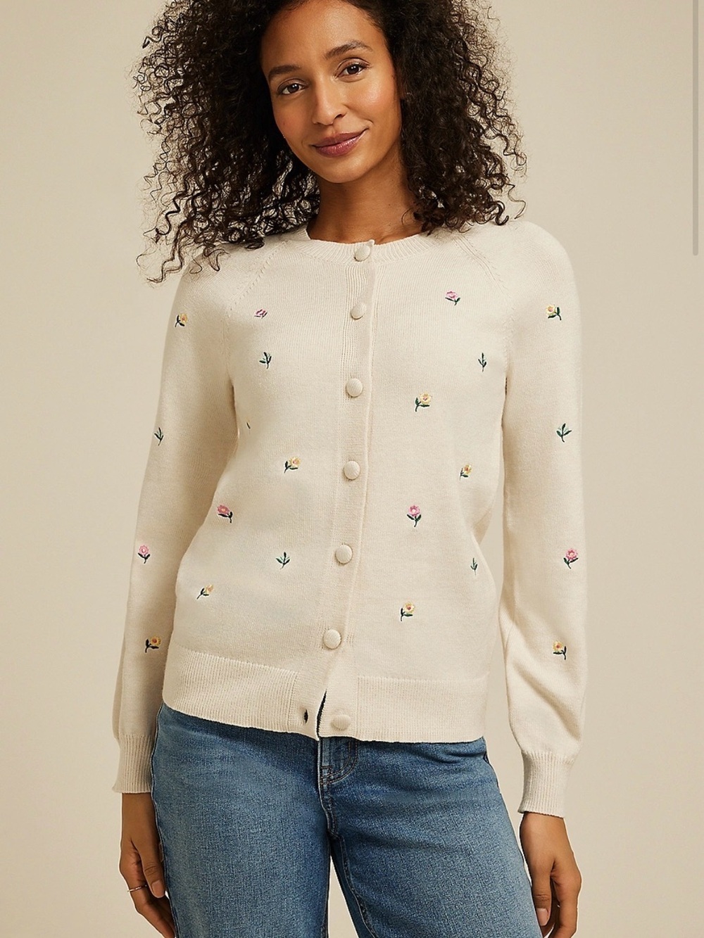 Cream Floral Embroidered Button-Up Cardigan Sweater